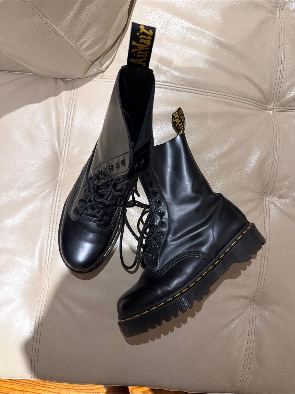 Dr. Martens Black Leather Lace-Up Platform Boots with Yellow Stitching